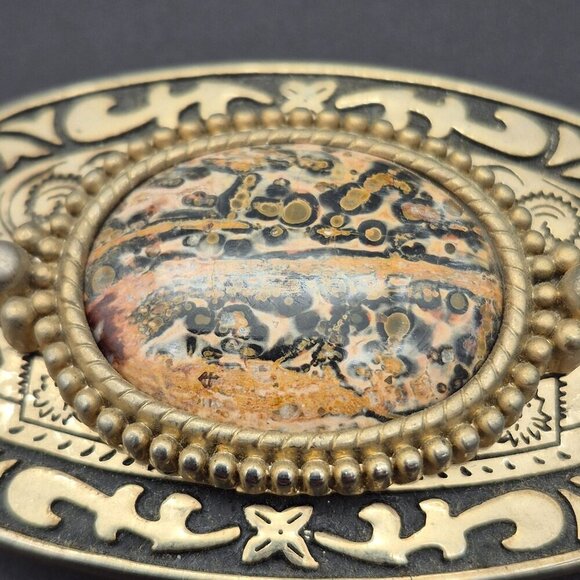Gold Tone Black Enamel Belt Buckle Leopard Skin Jasper Stone Made In USA 2 X 3" - Picture 3 of 5